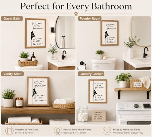 Framed Funny Cat Wall Art, Black White Animal Bathroom Painting, 12x16in - color: Black Cat, size: 12x16in