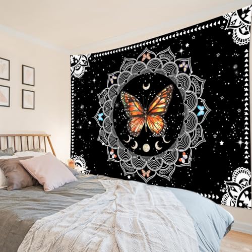 LB Orange Butterfly Tapestry Purple and Blue Butterfly with Boho Mandala Moon Phase Tapestry Wall Hanging White Star Moon Bohemian Aesthetic Wall Art Decor for Bedroom Living Room Dorm 92.5Wx70.9L Inches - color: Orange, size: 70.9"L x 92.5"W