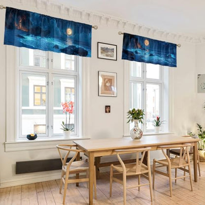 Beach Curtain Valance for Windows 2 Pack Moon Star Sky Blue Wave Rod Pocket Window Treatments Short Curtains for Kitchen Windows Bathroom Bedroom 54x18 Inch - color: Beach