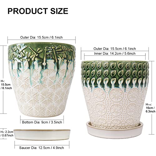 6 Inch Ceramic Planter Pots with Drainage Holes, Saucers and Mesh Pads for Indoor-Outdoor Plants, Succulent Orchid Flower Large Round Plant Pot, Set of 2 (Green+White) - size: set of 2-6inch