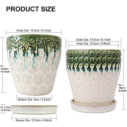 6 Inch Ceramic Planter Pots with Drainage Holes, Saucers and Mesh Pads for Indoor-Outdoor Plants, Succulent Orchid Flower Large Round Plant Pot, Set of 2 (Green+White) - size: set of 2-6inch
