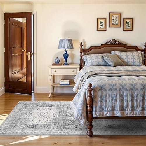4x8 Halway Washable Runner Rug - Ultra-Soft Wide Kitchen Carpet with Non Slip Backing Stain Resistant Bedroom Laundry Rugs Durable Vintage Distressed Floor Decoration Mat for Bathroom 4'x8' Grey - color: Grey, size: 4' x 8' (Runner)