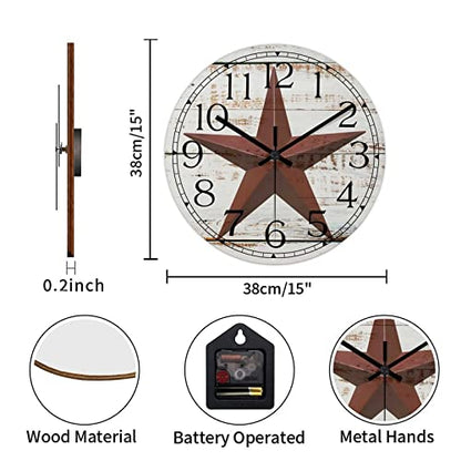 Round Farmhouse Wall Clock Western Texas Star Antique Style Wood Clock Quiet Non-Ticking Battery Operated Easy to Read Retro Wall Hanging Analog Clock for Living Room Kitchen Home 15 Inch - color: Style-3, size: 15in