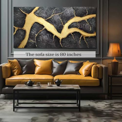 DNIEOTU Hand Painted Abstract Wall Art for Living Room, Black and Gold Canvas Wall-Decor for Bedroom, 3D Textured Paintings for Hallway Office, Large Size 80 x 40 Inches - color: ABSTRACT-55[P], size: 80"L x 40"W