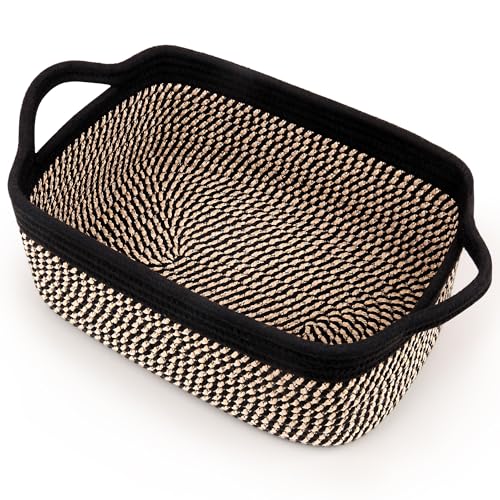 Gift Basket Empty with Handles, 12x8x5 inch - Small Woven Basket for Baby Nursery, Toys, Towels, Wedding, Birthday Gifting - With Gift Bag & Ribbon (Black Brown, 1PC) - color: Black and Brown, size: 1 Pack