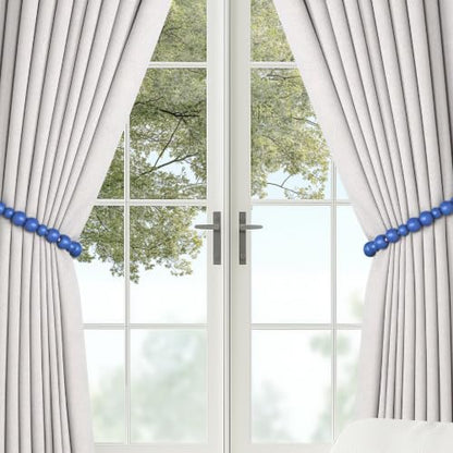 Boho Wood Bead Curtain Tiebacks Curtain Holdbacks with Hooks - color: Navy Blue