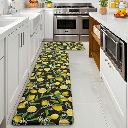 MAYHMYO Lemon Kitchen Decor Mat Set, 2PC Kitchen Mats, Anti Fatigue - color: Black Lemon