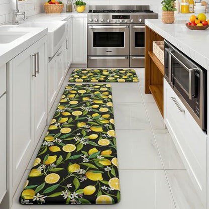 MAYHMYO Lemon Kitchen Decor Mat Set, 2PC Kitchen Mats, Anti Fatigue - color: Black Lemon