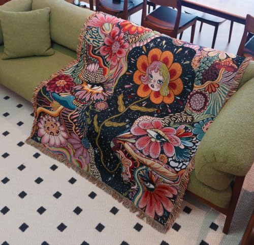 Woven Hippie Boho Throw Blanket for Couch Bed Chair Lounge Boho Room Decor Reversible Cotton Whimsical Throw Blanket Witchy Room Decor Aesthetic Throws Bed Spread Outdoor Camping Blankets 51x59 Inches - color: Woven Hippy Girl