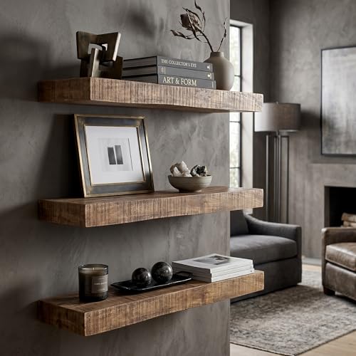 Hives & Honey Hawthorne Floating Shelf 48 Inch, Solid Mango Wood Wall Mounted Shelf, Hidden Bracket Design, Heavy Duty Storage Shelf, Light Wash Rustic Décor