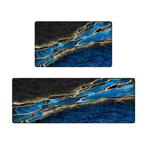 Kitchen Mats Set of 2, Cushioned Anti Fatigue Non Slip Waterproof Runner, Blue and Gold Marble Design, PVC Memory Foam for Kitchen Sink and Laundry - color: Blue Marble 2
