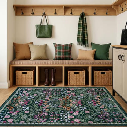 PLHXFR Area Rug Living Room: 3x5 Floral Washable Boho Carpet Dark Green - color: Dark Green, size: 3' x 5' (Rectangular)