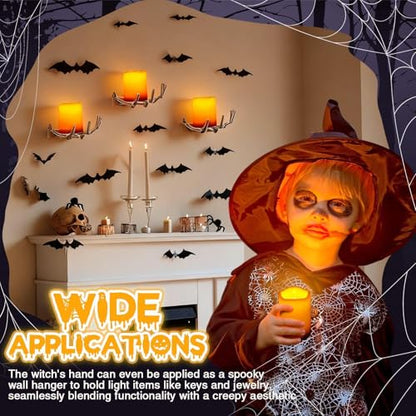 Tuanse 6 Pcs Halloween Skeleton Wall Decorations 3 Witch's Hand Wall Mounted Creepy Hands 3 Lighted Candles 3D Black Spooky Bats Double-Sided Tape for Gothic Halloween Indoor Home Decoration