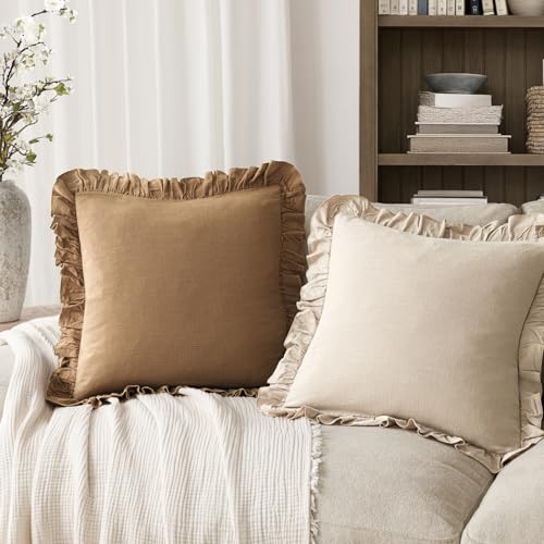 Foindtower Linen Fringe Ruffle Throw Pillow Covers 18×18 Inch Orange Brown - color: Hazel, size: 18" x 18" (Pack of 2)