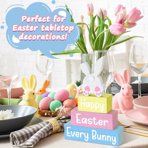 4 Pcs Easter Table Decoration Happy Easter Every Bunny Wooden Block Sign Pastel Bunny Centerpiece Spring Wood Blocks Tiered Tray Decor for Home Kitchen Tabletop Display - style: Bunny