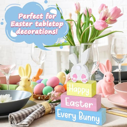 4 Pcs Easter Table Decoration Happy Easter Every Bunny Wooden Block Sign Pastel Bunny Centerpiece Spring Wood Blocks Tiered Tray Decor for Home Kitchen Tabletop Display - style: Bunny