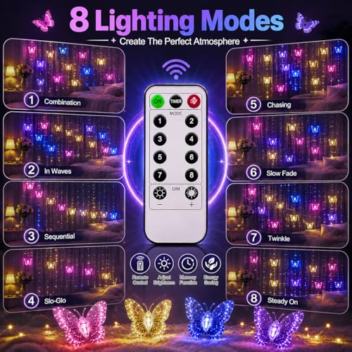 Butterfly Curtain Fairy Lights USB Plug in,8 Modes 120 LED 19.7FT Firefly Twinkle Timer String Lights with Remote, Waterproof Copper Wire for Bedroom Patio Christmas Wedding Party (Multi-new) - color: Multi-new