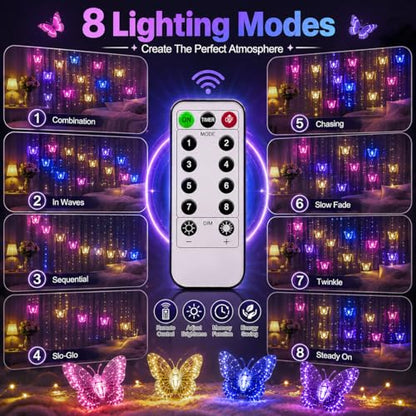 Butterfly Curtain Fairy Lights USB Plug in,8 Modes 120 LED 19.7FT Firefly Twinkle Timer String Lights with Remote, Waterproof Copper Wire for Bedroom Patio Christmas Wedding Party (Multi-new) - color: Multi-new
