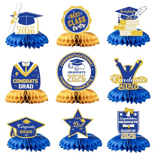 Class of 2026 Graduation Decorations - 9PCS Blue Gold Table Centerpieces, 2026 Congrats Grad Honeycomb Centerpieces Table Decor for Graduation Party Supplies - style: Graduation