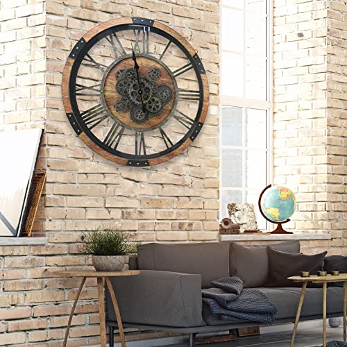 30'' Large Wall Clock Real Moving Gears Oversized Industrial Solid Wood Rusic Farmhouse Clocks for Living Room Wall Decor Home Office, 30 inch 76cm, Brown and Vintage Bronze - color: Vintage Brown, size: 76cm / 30 inch