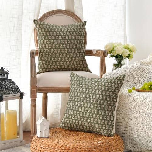 AVOIN colorlife Vintage Floral Boho Throw Pillow Covers Set of 2, 16 x 16 Inch Modern Farmhouse Bohemia Flowers Sage Green Cushion Case Decoration for Sofa Couch Living Room Bedroom - color: Sage Green, size: 16" x 16" (Pack of 2)