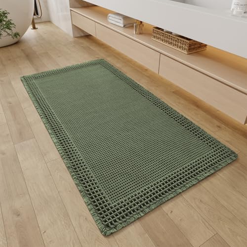 RESARE Waffle Bathroom Runner Rugs, Non Slip Boho Bath Mat 24"x48" Green | Long Absorbent Bathroom Floor Mats Machine Washable Quick Dry, Soft Solid 2'x4' Bath Rugs with Tassels, Ideal Farmhouse Decor - color: Green, size: 2' X 4'