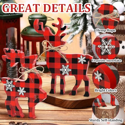 3Pcs Cute Christmas Tiered Tray Decor Indoor, Wooden Reindeer Christmas Tabletop Decorations Xmas Centerpiece, Rustic Reindeer Block Signs Standing Elk Decor for Home Shelf - style: Red and Black Buffalo Plaid