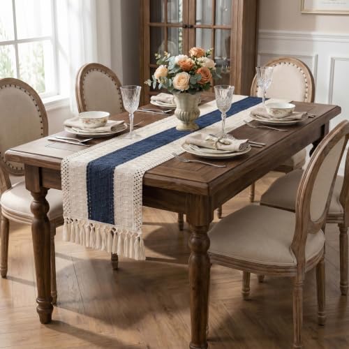 Boho Macrame Table Runner with Tassels 36in Blue Farmhouse Runner - color: White & Blue, size: 12'' x 36''