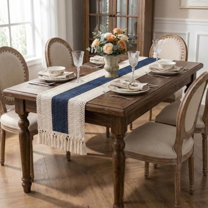 Boho Macrame Table Runner with Tassels 72in Blue Farmhouse Runner - color: White & Blue, size: 12'' x 72''