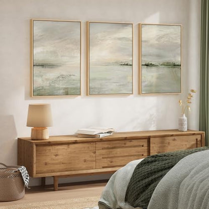 Large Framed Sage Green Abstract Landscape Wall Art, 3 Piece Set, 20x30 In - color: Warm Green, size: 20" W x 30" H x 3pcs
