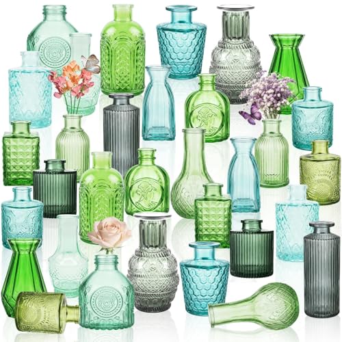 32 PCS Assorted Vintage Bud Vases, Colorful Glass Small Vases Bulk, for Centerpieces, Wedding Table Decor, Home Decorations & Gifts (Green Series) - color: Diffgreen-2, size: 32PCS