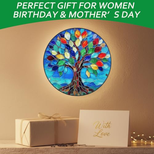 QZXYGY LED Stained Glass Round Wall Decorations, The Tree of Life Wall Art