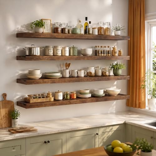 48 Inch Long Floating Shelves for Wall Set of 1, 12"D Wood Grain Shelves - color: Rustic Brown, size: 48"Wx12"Dx2"H, 1P