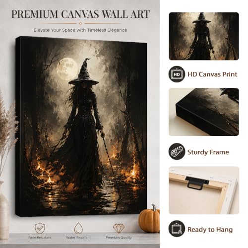 Halloween Canvas Wall Art, Dark Witch in Moonlit Forest Halloween Pictures - color: Halloween17, size: 8"L x 10"W