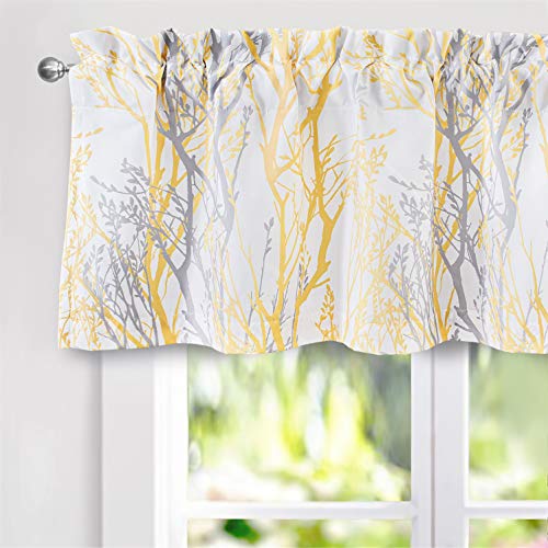 DriftAway Tree Branch Lined Valance Double Layer Blackout Thermal Insulated Abstract Ink Printing Window Curtain Valance Rod Pocket 52 Inch by 18 Inch Plus 2 Inch Header Yellow 1 Pack - color: Yellow, size: 52"W x 18"L (Pack of 1)