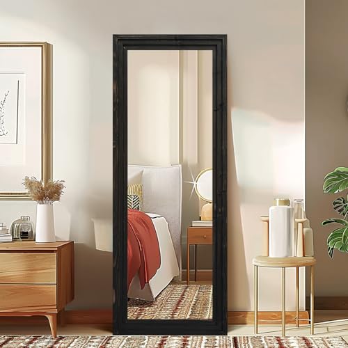 58x22in Full Length Mirror, 3-Tier Stepped Solid Wood Frame, Black - color: Black, size: 58"L x 22"W