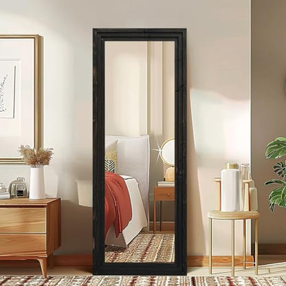 58x22in Full Length Mirror, 3-Tier Stepped Solid Wood Frame, Black - color: Black, size: 58"L x 22"W