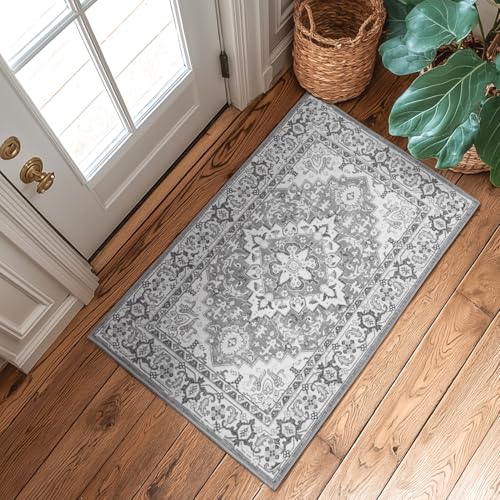 Lessymo 2 x 3 Entryway Rug Machine Washable Boho Area Rug for Bedroom, Grey - color: Grey Beige, size: 2' x 3' (Rectangular)