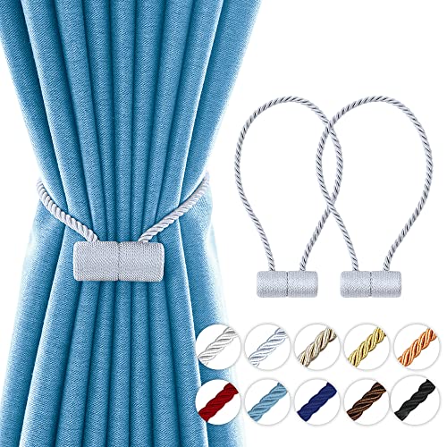 18 Inch Strong Magnetic Curtain Tiebacks, Curtain Holdbacks Modern Upgrade Strong 2021 New Twisted Style Decorative Drapery Rope Tie Backs(2 Pack Silver Grey) - color: Silver Grey