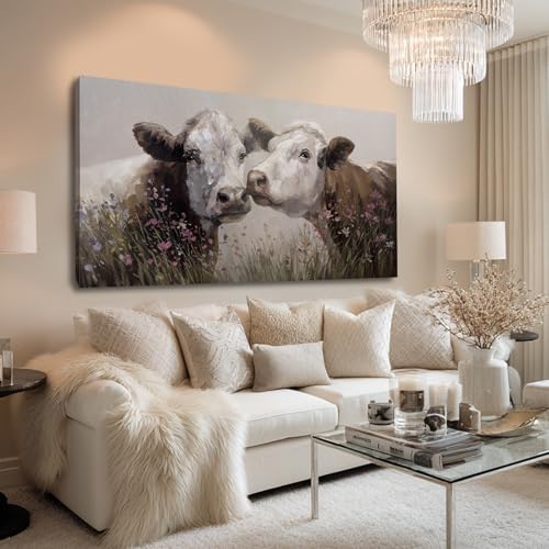 GAIDUOMAI Home Decor Wall Animals Canvas Wall Art Cow Art Posters Flowers Artwork Dining Room Wall Decor Pictures for Living Room 24x48 Inch Ready to Hang - color: Brown, size: 48"L x 24"W