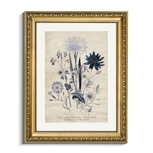 VIYYIEA Gold Framed Botanical Wall Art, 11x14 Inch, Vintage Blue Floral Botanical Illustration Canvas Print, Classic Antique-Style Plant Artwork for Bathroom Bedroom Living Room, Timeless Home Decor - color: Botanical Illustration, size: 14"L x 11"W