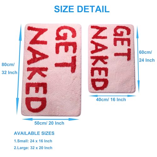 Get Naked Bath Mat, Soft Microfiber Bathroom Rug, Non-Slip TPR Backing, Ultra Absorbent Washable Bath Rug for Shower Tub Sink Bedroom Kitchen Indoor Home Decor, 32x20 Inch Pink & Rose - color: Pink Base & Rose Red Words, size: 31.5" x 19.7" (Rectangular)