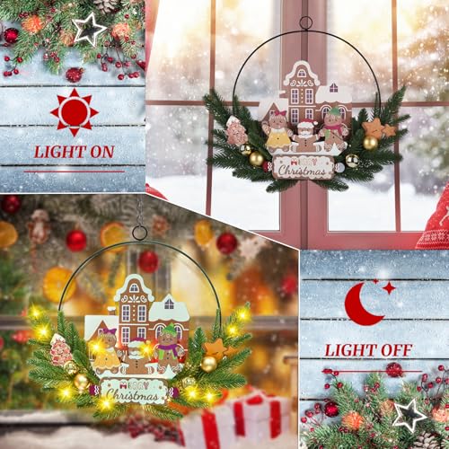 Pre-Lit Christmas Wreath for Front Door, Lighted Witch with 6H On/18H Off - color: Gingerbread-warm White