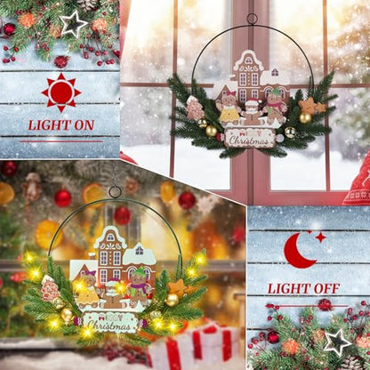 Pre-Lit Christmas Wreath for Front Door, Lighted Witch with 6H On/18H Off - color: Gingerbread-warm White