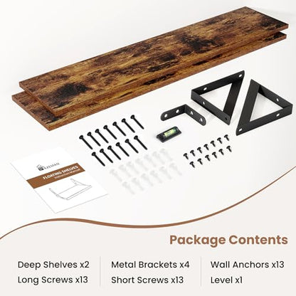 Axeman 36 Inch Floating Shelves, 8 Inch Deep Brown Wall Shelves Set of 2 - color: Rustic Brown, size: 36 Inch