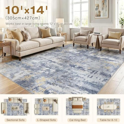cotiled 10x14 Area Rugs Living Room: Washable Abstract Rug Blue Gold - color: Blue/Gold, size: 10' x 14' (Rectangular)