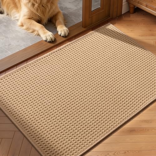 YIHOUSE Indoor Door Mat 24" x 36", Non-Slip Washable Entryway Mat, Dirt Trapper Absorbent Entrance Mat, Low Profile Floor Mat for Front/Back Door, Entryway, Khaki - color: Khaki, size: 24"x36" (Rectangular)
