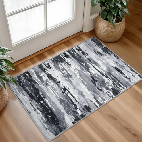 Abstract Washable Entryway Rug 2x3 Area Rug Non Slip Door Mat | Black Grey;Thin Printed Faux Wool Kitchen Rugs;Small Rugs;Indoor Front Door Rug;Entry Rug;Floor Carpet;Throw Rugs - color: Charcoal Black Gray / White, size: 2' x 3' (Rectangular)