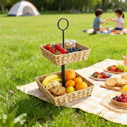 2 Tier Wire Fruit Basket with Rattan | Square Metal Standing Baskets| Handwoven Fruit and Vegetable Storage Organizer |Stackable Candy Organizer|Multi-Function Snack Rack&Shelf for Chips