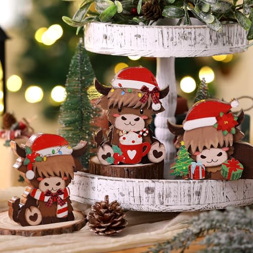GlikCeil 3 Pcs Christmas Highland Cow Table Decorations Wood Centerpiece - style: Christmas